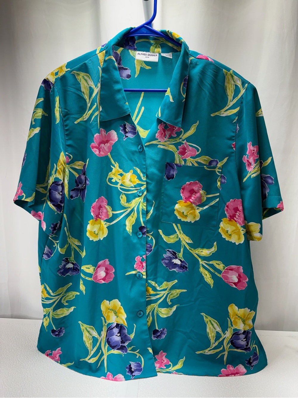 Alfred Dunner Teal Floral Short-Sleeve Button-Up Blouse 4377